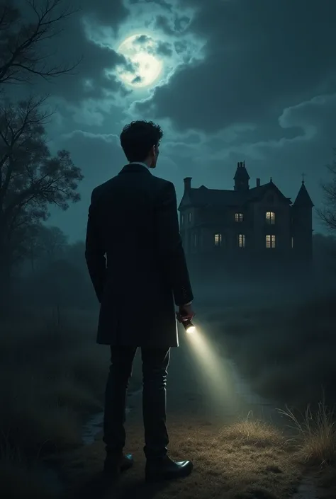 A young man of medium height, confident yet driven by greed, stands near the mansion at night with a flashlight in hand. The air around the mansion carries a strange rustle, and clouds obscure the moon.