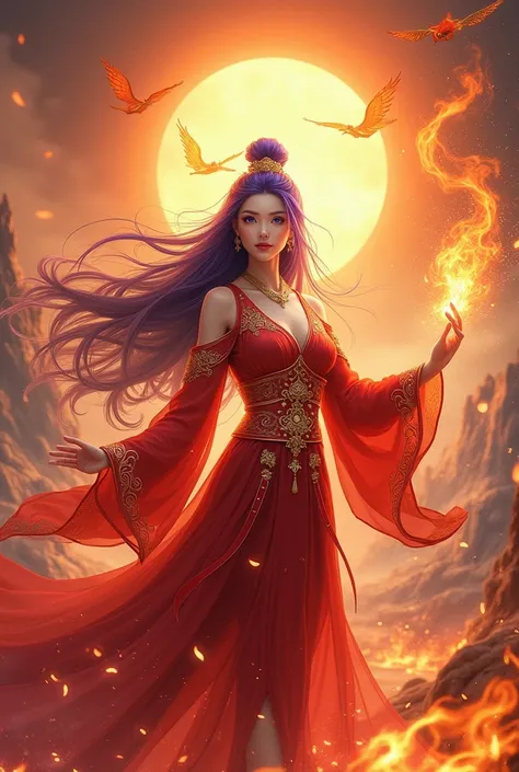  A graceful and powerful female character in a fantasy setting , cultivating Fire Dao .  She has long flowing purple hair , elegantly combed,  with intense violet eyes shining lightly .  Her costume is now a vibrant red ,  intricately drawn with golden det...