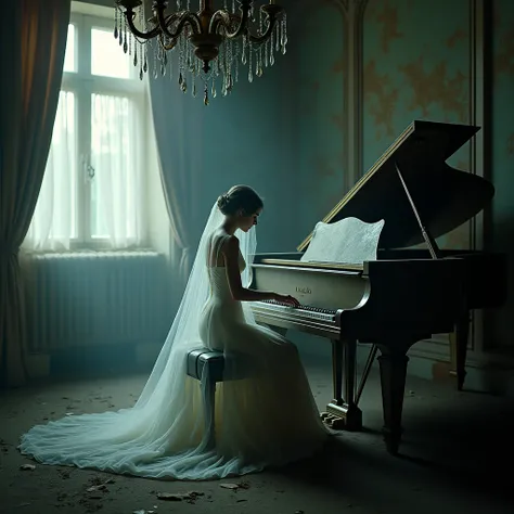  ELEGANT GHOST PLAYING PIANO ,  OLD AND ABANDONED PIANO  ,  in a luxurious and ABANDONED room , lots of webs and dust , All very real  E SOMBRIO,  Luxury chandelier with lots of cobwebs and DUST, Dark and gloomy, All very real !  