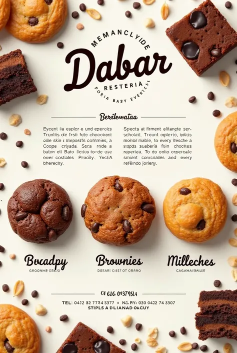  Create an advertising flyer in Spanish for a pastry called DABAR Reposteria with the source " Playfair Display "  who makes personalized cakes , Chocolate Chip Cookies,  brownies ,  milleches ,  catering service for events .  Add reference images .  The t...