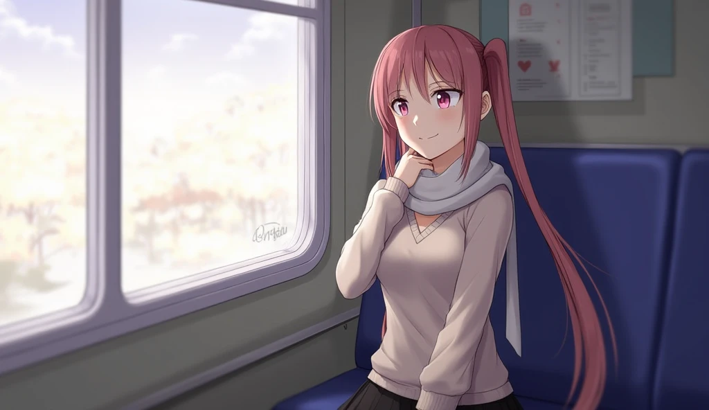 gikeqlr, 1girl, sweater, scarf, twintails, long skirt, light smile, INT. TRAIN COMPARTMENT - DAY
Anya sits by the window, her eyes fixed on the passing scenery. Shes lost in thought, a gentle smile playing on her lips.