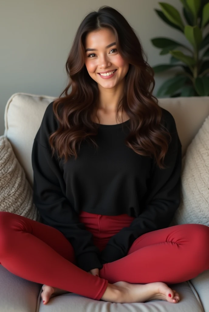 smiling Asian woman with long brown wavy hair and thick hips and small ankles wearing red leggings and a black loose sweater and barefoot. sitting on a sofa