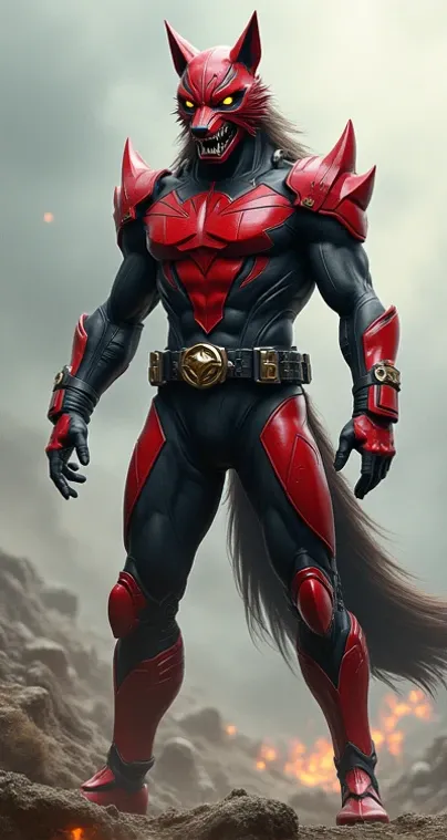 Power Rangers with a full body and detailed red wolf theme