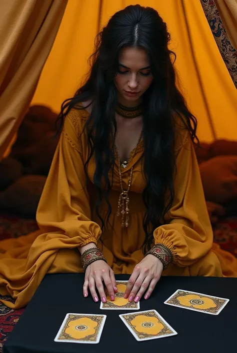  A gypsy woman in yellow and gold clothes with long hair,  playing table she is in a gypsy tent , Sitting at a plain and black gypsy .