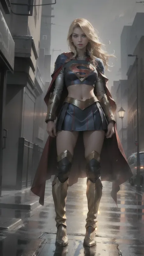 Highly detailed, cinematic, realistic. A stunning blonde woman as Supergirl, wearing a sexy, form-fitting Supergirl outfit designed as cosplay. The outfit features a cropped top with the iconic S emblem, a flowing red cape, a short blue skirt, and thigh-hi...