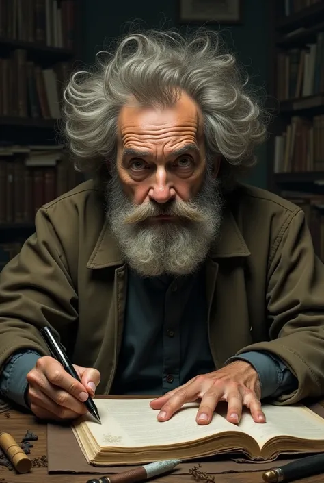 Philosophers face like a disheveled idiot writing with the pen upside down 