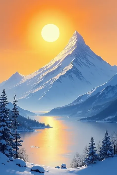  A painting of the sun and the snow mountain during the day ,  with beautiful shadows and reflections . The scene is bright and serene ,  with a warm and cool color contrast .  The sun is shining and casting long shadows on the mountain ,   creating a sens...