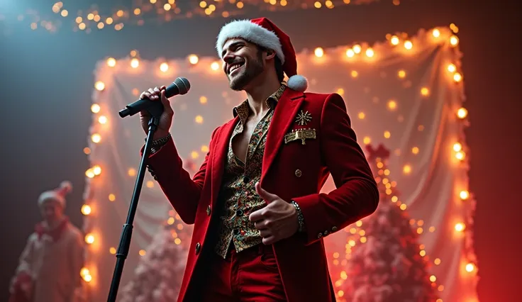  sexy and attractive man ,  international rock singer,  elegant Christmas dress,  smiling mischievously while singing a Christmas song wearing a Santa Claus hat