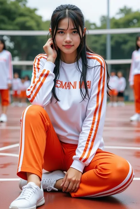  Indonesian woman .  Sweatshirt smeared sweat soaked shirt. wet body. ((White Stripe Orange Stripe Long Sleeve Trining Tracksuit)). ((Long to toe orange color white stripe trining pants))  Full Body Print Shirt : ((SMAN II AI )). Sitting cross-legged On a ...