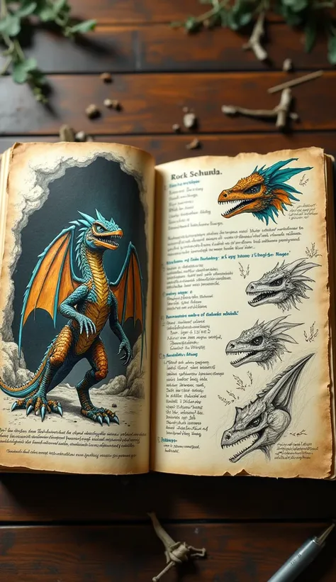 The image depicts an open notebook with two pages, styled as an illustrated species record of the Rock Drake, a fantastical creature. The left page features a detailed black-and-white sketch of the dragon in a cave-like environment. The dragon has a vibran...