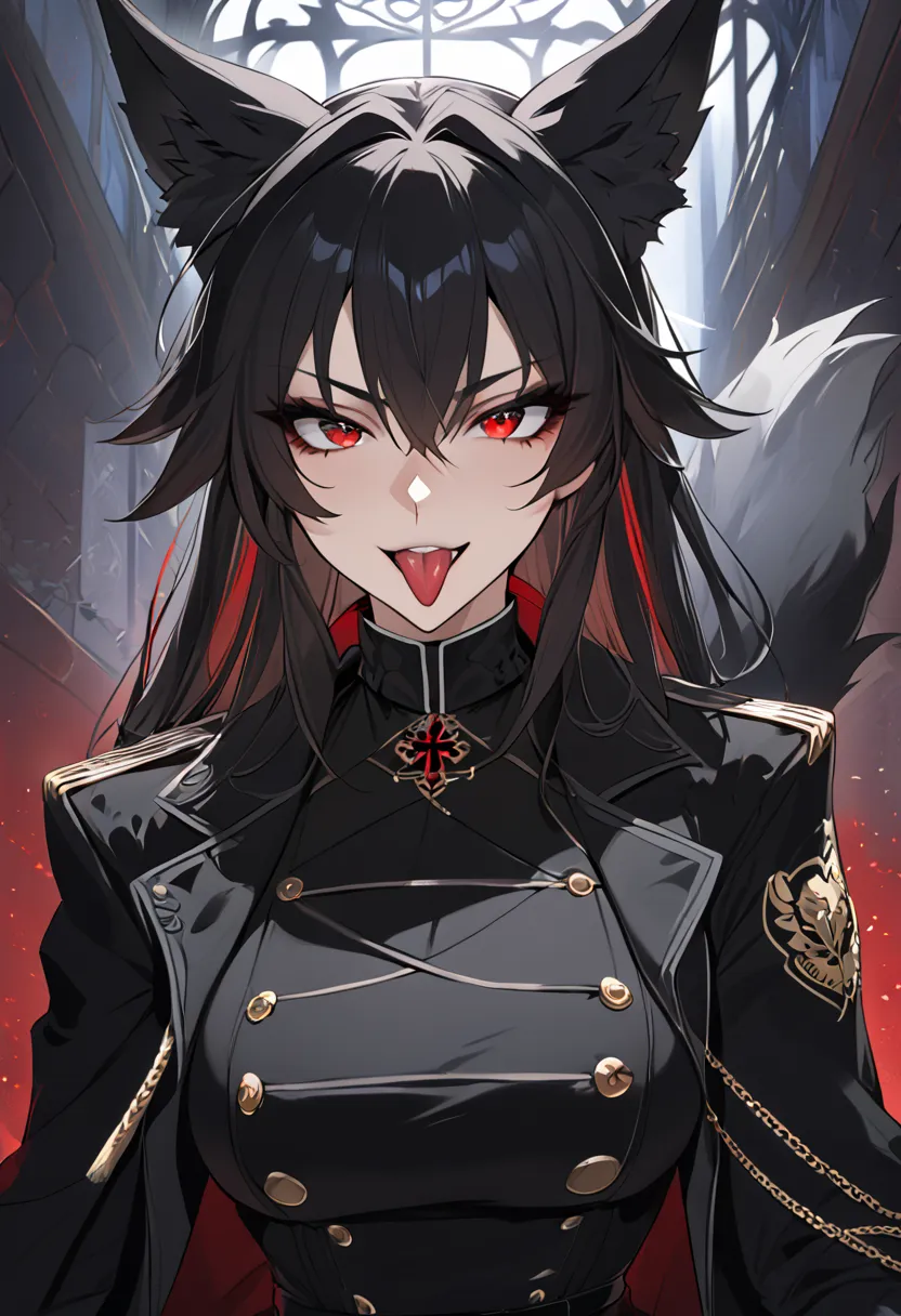 beautiful anime woman wearing a black military trench coat, tight black jeans pants, wolf ears, wolf tail, half wolf and half hu...