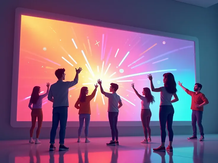  people pointing at the screen with the colors pink,orange,green,animated blue and purple 