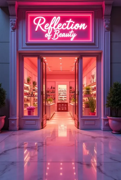 An image from the front of my entire cosmetics, makeup and accessories store, With the name of the store Reflection of Beauty with the background in the color rosê 