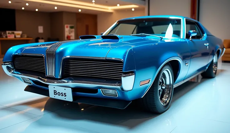 Close Front  view of painted blue  with shiny clour 1970 Mercury Cougar boss 429 sleek in large shape sedan in large size with  Mercury logo on its large detailed grille in shiny white clour with angular sporty design captured from close Mercury  Front vie...