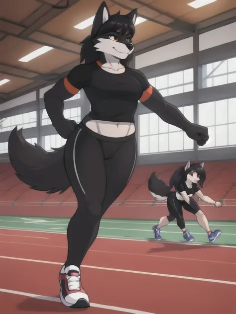 Furry, wolf, female, black shirt, black spandex bike shorts, shoes, indoor running track, twin sister, competitor, full body