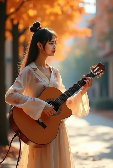 a photo of a beautyful Asian women playing an acoustic guitar, she is wearing an outfit that is striking yet elegant. The setting is an autumn street with orange and yellow tones
