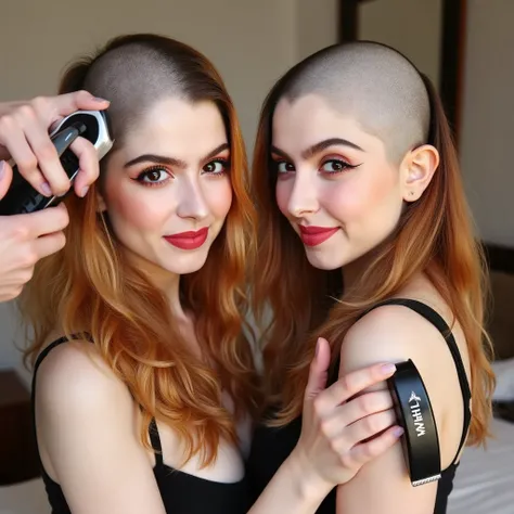 Real photograph of two curvy beautiful young women, (one currently razor shaving the others head bald). ((((first woman is hairless bald, the skin on her head is smooth)))). (((first woman completely bald head))). (((she is holding "Wahl" hair clippers whi...