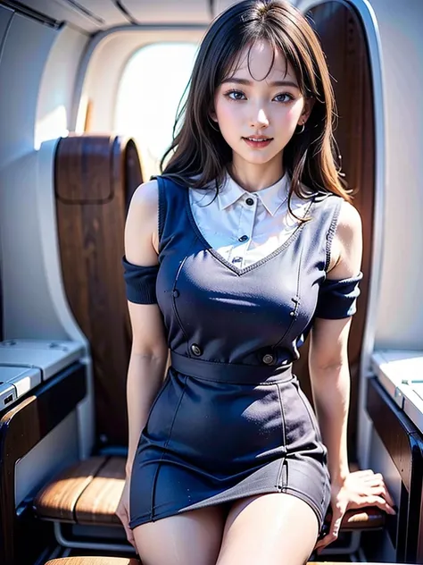 top-quality, ​masterpiece, 8K, 超A high resolution, (Photorealsitic:1.4), 1girl in、beautiful countenance、symmetrical eye、Colossal tits、Perfect body proportion、Stewardess uniform、Look at viewers、(Inside the plane:1.2)、front-facing view、Shoulder、Absolute area...