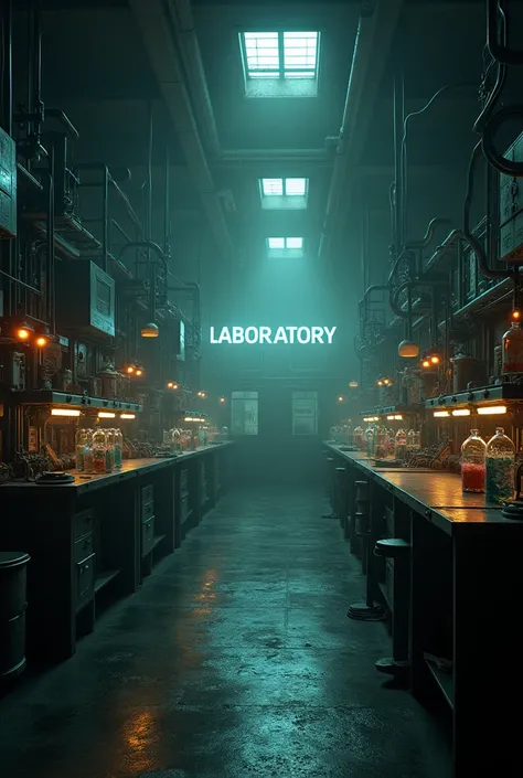 Create a horror-style lab and add a caption "laboratory" in the middle 