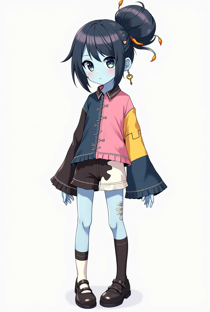 Anime girl with pale blue skin, indigo and white high thick right side bun with lopsided bangs, silver push pins with orange and yellow tips and gold key in bun, silver sewing needle left earring, yellow eyes with white button shaped left middle, indigo pa...