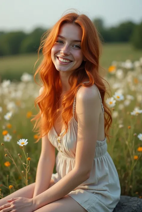 A close up photo of a busty red haired girl, smiling, wearing summer dress, sitting on a rock on a meadow covered with flowers, doggy position, hyper realistic photo, picture taken with canon eos 3 and kodak gold 400