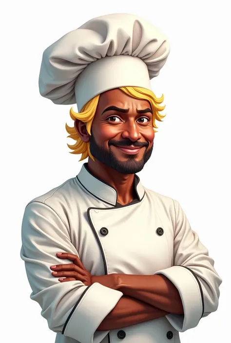 on a white background, Create a character of a dark-skinned cook, with light blond hair ,  with a chef hat style for logo, Dont do 3D 