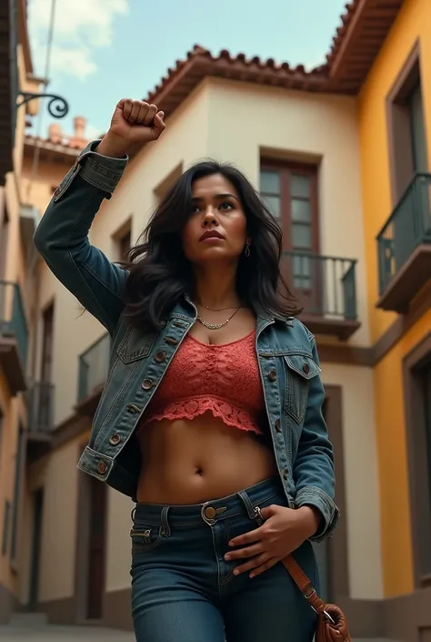 a dark brown-haired Bolivian woman raising her fist at her house in Barcelona