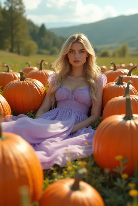  Create an image of a beautiful 18-year-old girl ,  wearing a lilac flower dress lying among several giant pumpkins. Background is a beautiful farm ,  FIRST WORK,  best quality, 8K HDR, Ultra-realistic