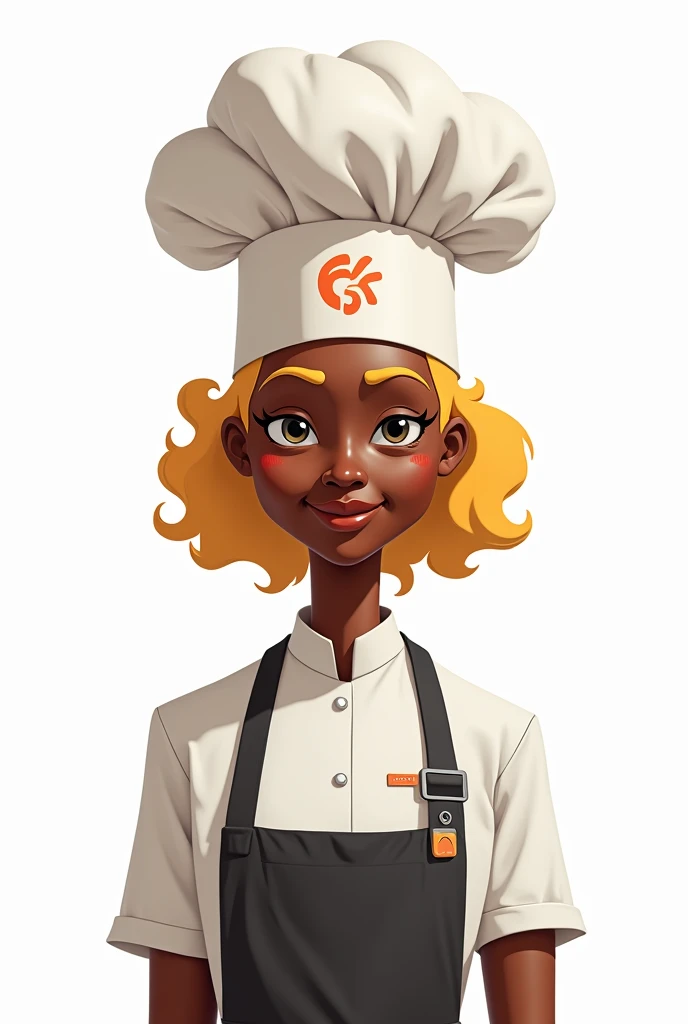 on a white background, Create a character of a dark-skinned cook, with light blond hair , with a design-style cook hat for logo 