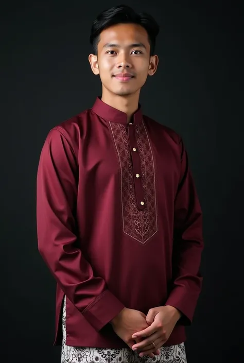 Indonesian man, 20 years old. Wearing a formal Javanese traditional Beskap shirt in maroon, wearing a blangkon, and wearing a white batik jarik. Standing and posing facing the camera. The background is dark gray. With super clear 8K HD photos. Both hands a...