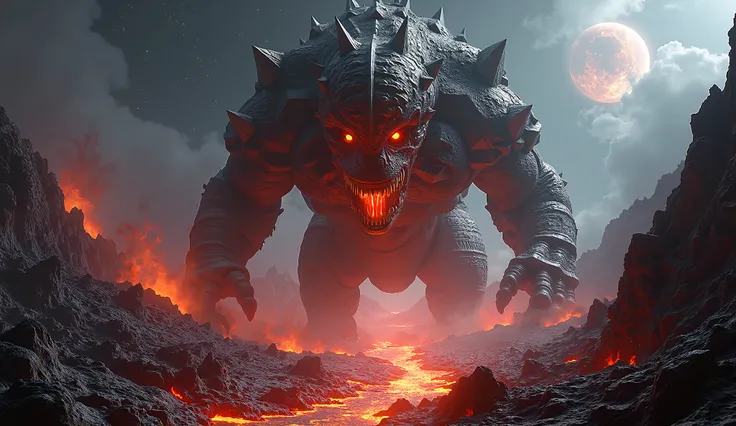 A colossal, menacing creature made of jagged stone and molten rock, towering amidst a dramatic volcanic landscape. Its glowing red eyes exude a fierce intensity, and its mouth, filled with sharp teeth, belches flames. The backdrop features a dark, starry s...