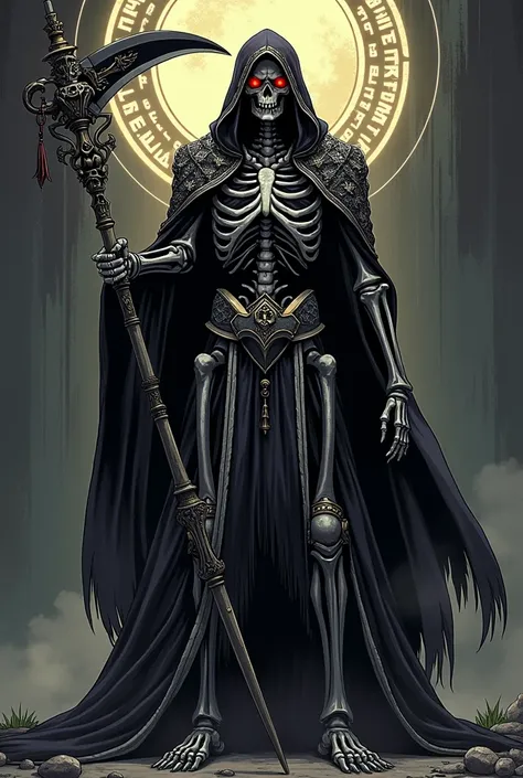 Create a manga-style image of Goal from Overlord reimagined as a powerful and ceremonial reaper. The character is a tall, skeletal figure with glowing red eyes, dressed in a grand, ceremonial cloak made of dark, luxurious fabric with intricate silver or go...