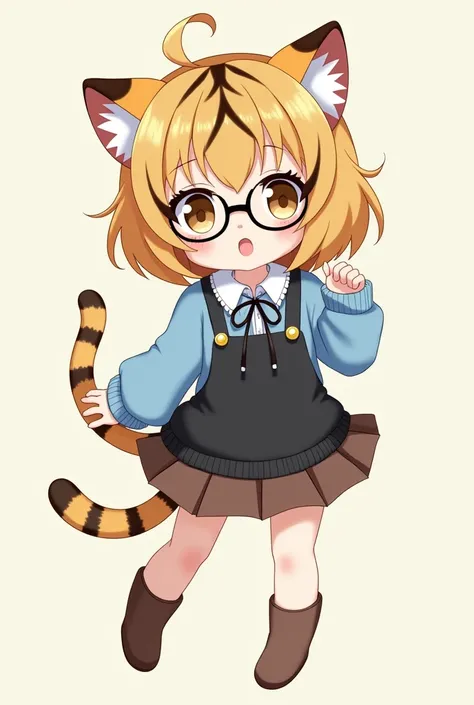 Beautiful little anime girl in short black with black glasses, little tiger ears with a blue school sweater, a brown skirt and brown socks

