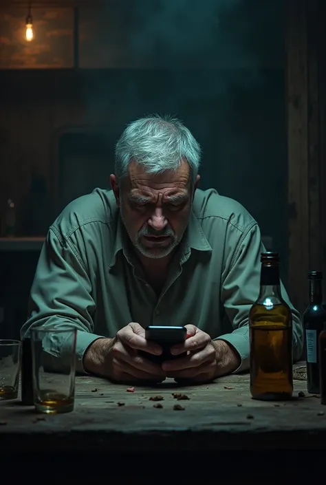  MAN AT A BAR TABLE CRYING WITH GLASSES AND BOTTLES ON THE TABLE TYPING ON HIS CELL PHONE  