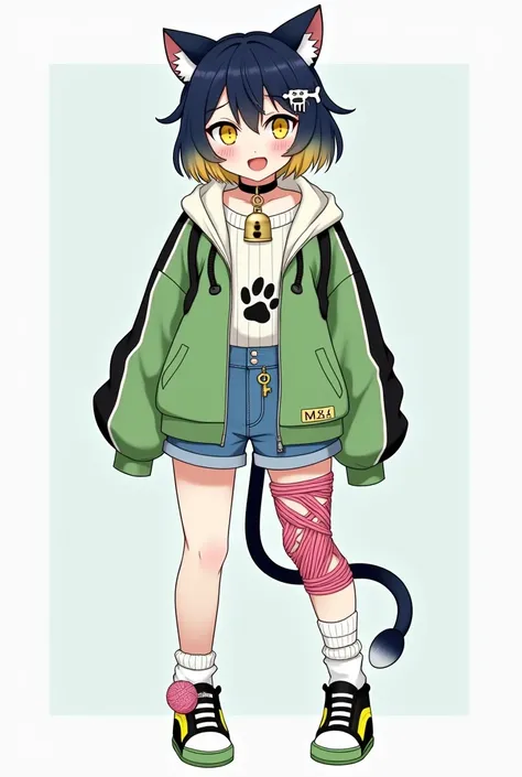 Anime girl with indigo short hair with light blonde underneath, indigo cat ears with light blonde tips, yellow eyes with slit pupils and left white paw print shaped middle, indigo fade to light blonde tail, fangs, white fish bones hair clip, black large co...