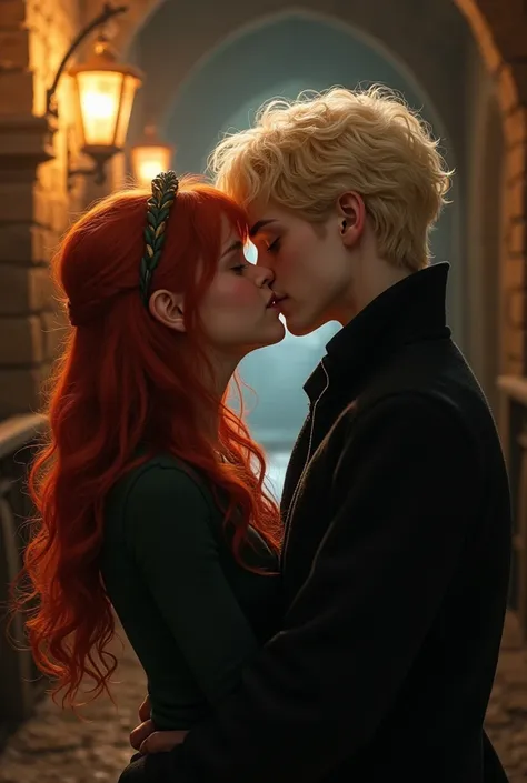 lily luna potter feel in love with scorpius malfoy, cute kiss in howarts dungeon, bouy happy, realistic, young love