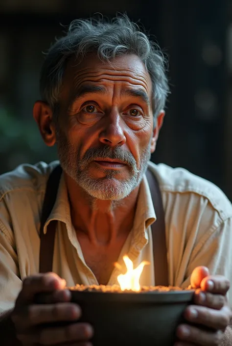 Middle-aged man,  with simple, worn clothing  (camisa blanca, dark fabric pants ). Your face should reflect amazement and devotion as you look at the animated casket