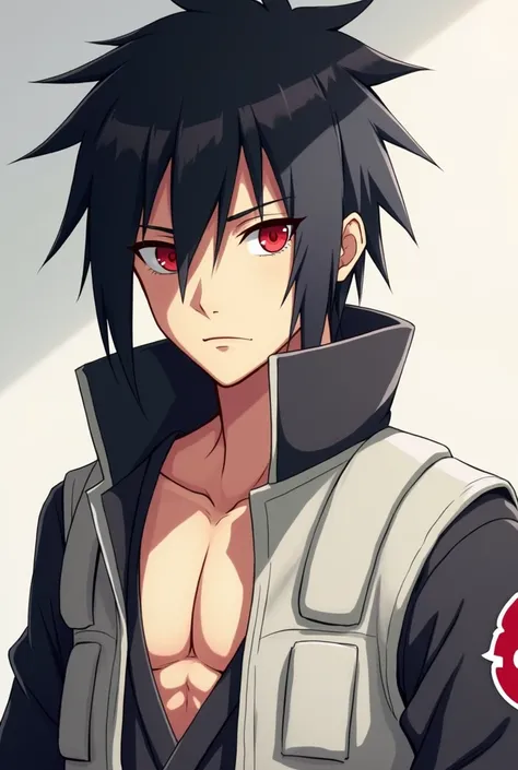 anime boy, He is 18 years old and is very masculine, You have part of your chest uncovered, He is a ninja from Konoha with red eyes and his pupil is white with a horizontal line and black hair, His clothes are a mesh with a white vest
