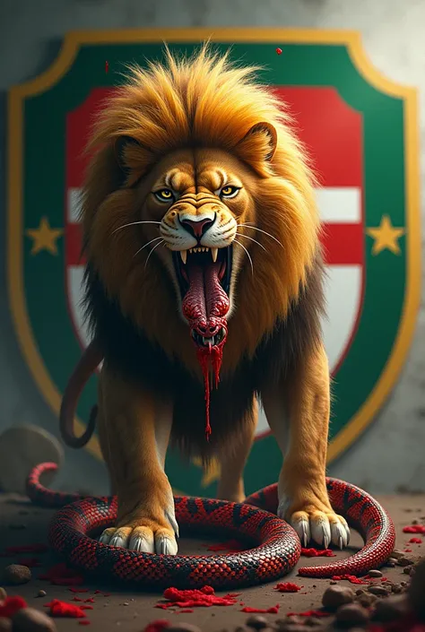 Create an image with the shield of Sport Clube do Recife in the background and a lion killing a red and black and white snake ripped off the snakes head with its claws 