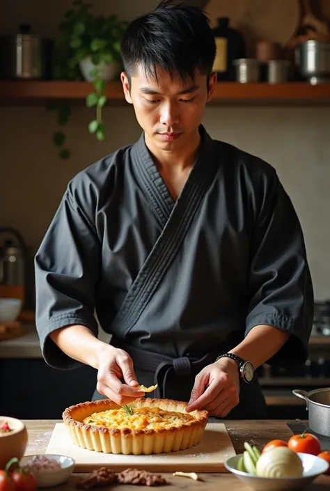 Create an Asian who fries chicken pie in a male martial arts outfit