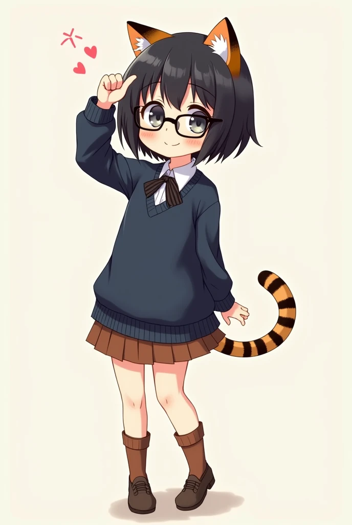 Beautiful little anime girl with short black hair wearing black glasses little tiger ears wearing a dark blue school sweater a brown skirt and brown socks

