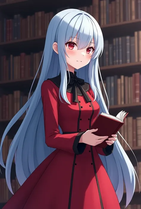 A very beautiful tall adult blue-white haired girl wearing a red dress with black details with red eyes in a library looking to the side with a book in her hand to the side anime style cover of a story