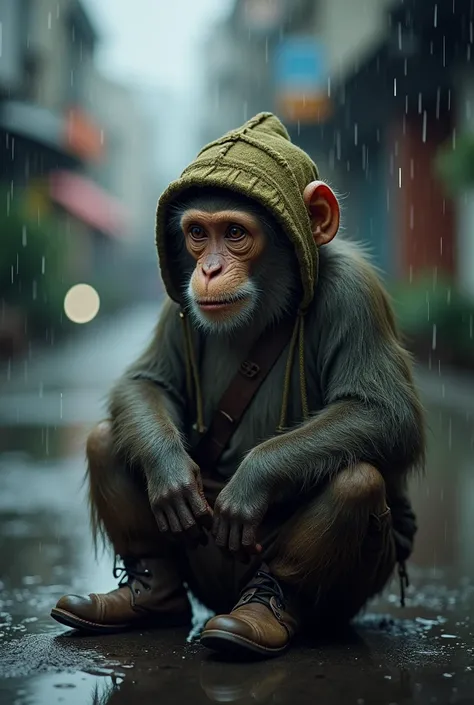  Lonely monkey in the rain :
" A lonely monkey sitting alone in the rain ,  in ragged clothes ,  smeared with mud and a soft hat .  Water drips from old boots and soaks his ragged clothes.  The urban environment around him is blurred by rain away , tạo nên...