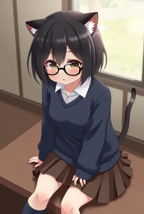 Beautiful very small anime girl with short black hair with black glasses, little tiger ears with a dark blue school sweater, a brown skirt and brown socks that she is sitting on.

