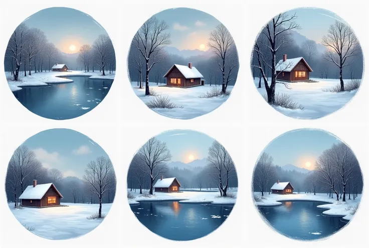 Six circular landscape paintings depicting winter scenes , including snowy cabins , forests , and frozen lakes