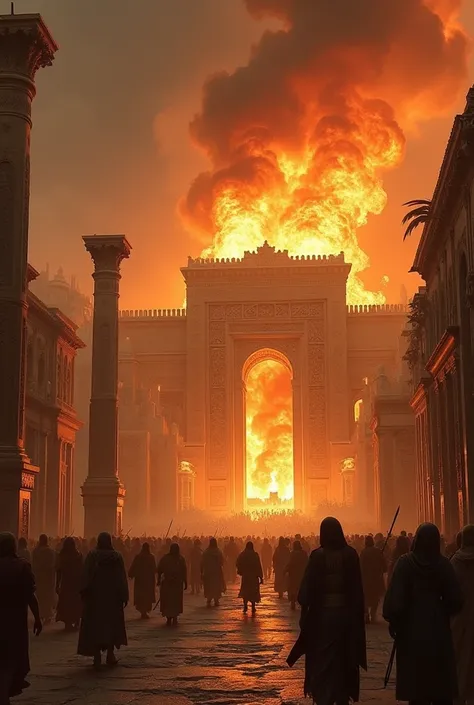 Make the capital of the Persian empire Persepolis in decline with a palace on fire internally that is spreading and several panicked people and Persian soldiers trying to control the situation. 