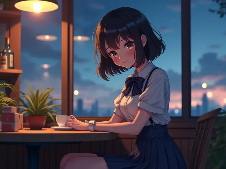 (8k, best quality, masterpiece:1.2), (sfw:1.3), (realistic, photo-realistic:1.37), ultra-detailed, 1 girl,cute, solo,beautiful detailed sky,detailed cafe,night,sitting,dating,(nose blush),(smile:1.1),(closed mouth) medium breasts,beautiful detailed eyes,(c...