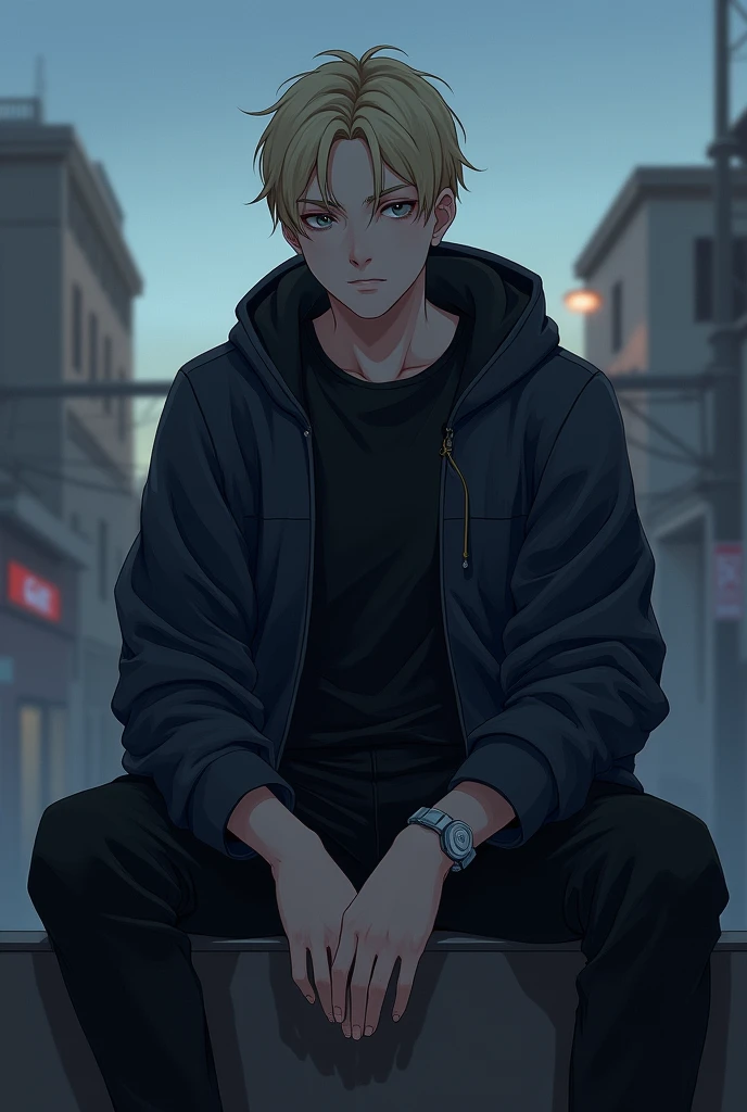 Twenty year old man,  white skin , short blonde hair,  a stocky body and attractive facial features . He has galenic features . His face looks serious and thoughtful .  He wears a dark jacket with a black pullover underneath and black pants.  He is sitting...