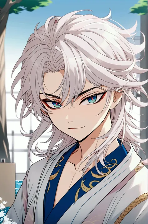 ,masculine, White hair, eyes with blue pupils and black sclera, school uniform and white jacket ,16-year-old teenager ,Manhwa Lokism style .