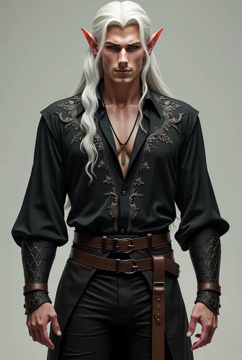 create a realistic digital painting of an elven male, 45 years old, features as shown in the reference picture, longer stark white hair, purple eyes, pointed ears, lithe but muscular frame, stern expression, wearing a black vintage shirt with long sleeves ...